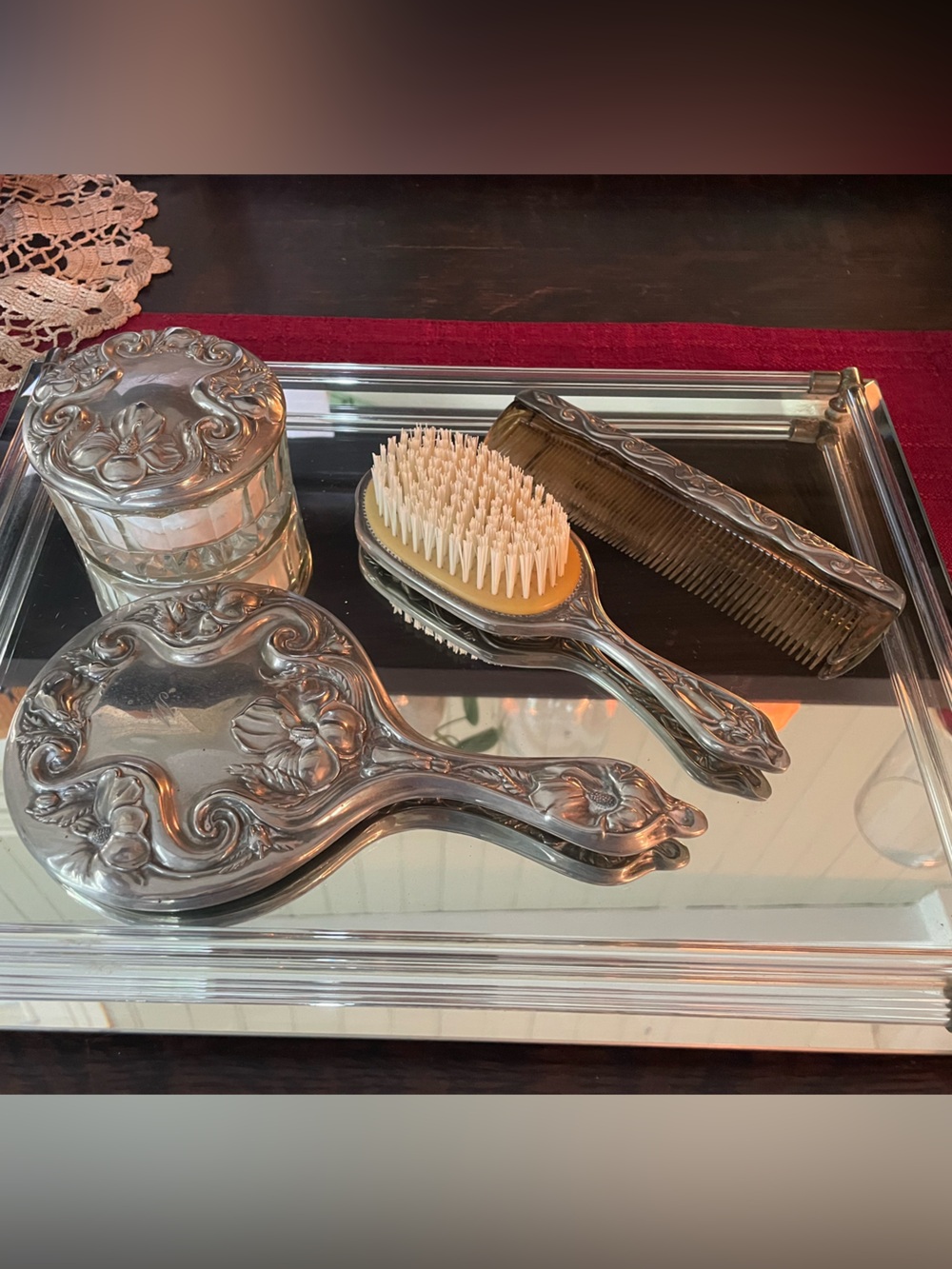 Antique Ornate Silver-Tone Vanity Brush Set with mirrored tray